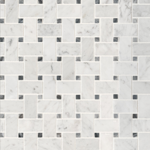 Italia F Carrara White Marble Honed Basketweave with Dot Mosaic 1 x 2 in.